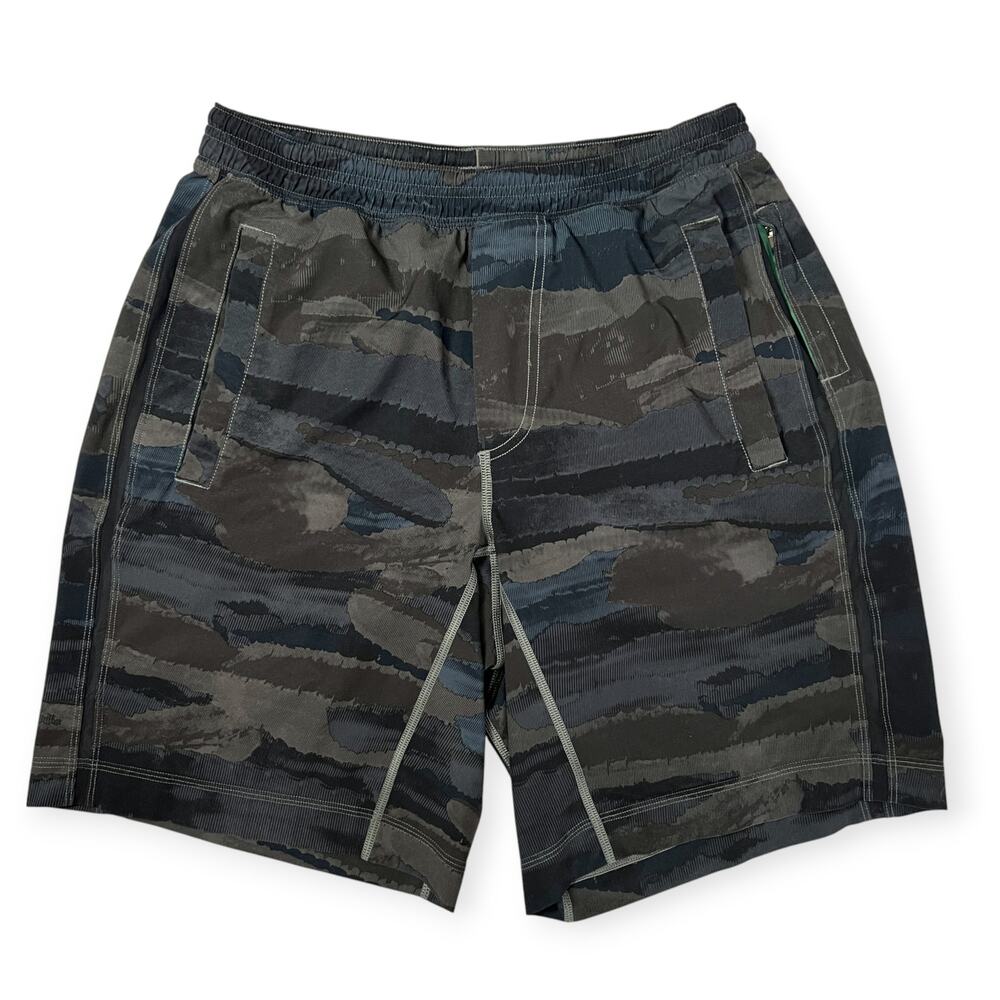 Lululemon Run Response 9 Shorts Mens M Gray Blue Camo Lined Running FLAW